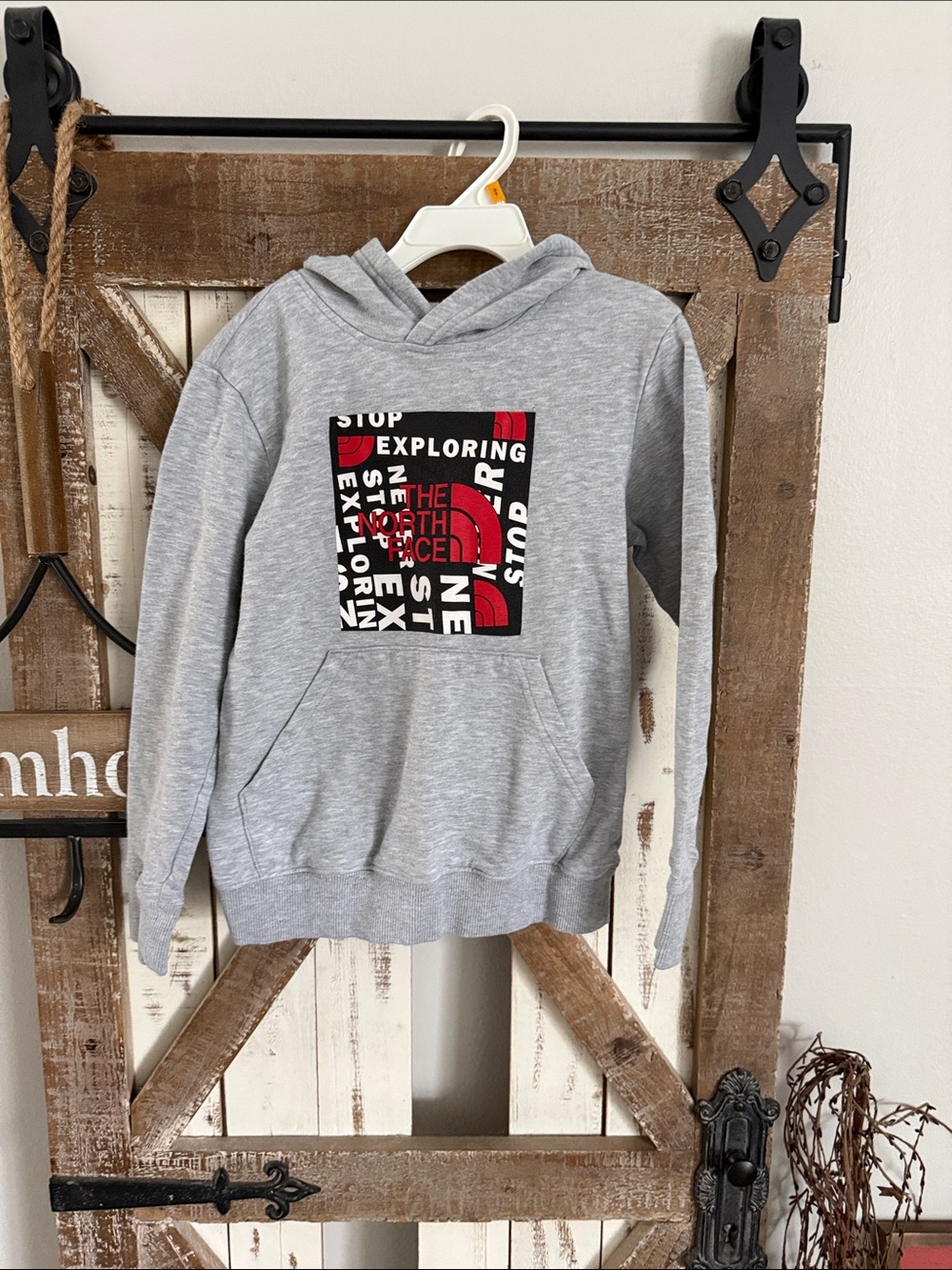 The North Face Gray Hoodie with Red & Black Logo Panel